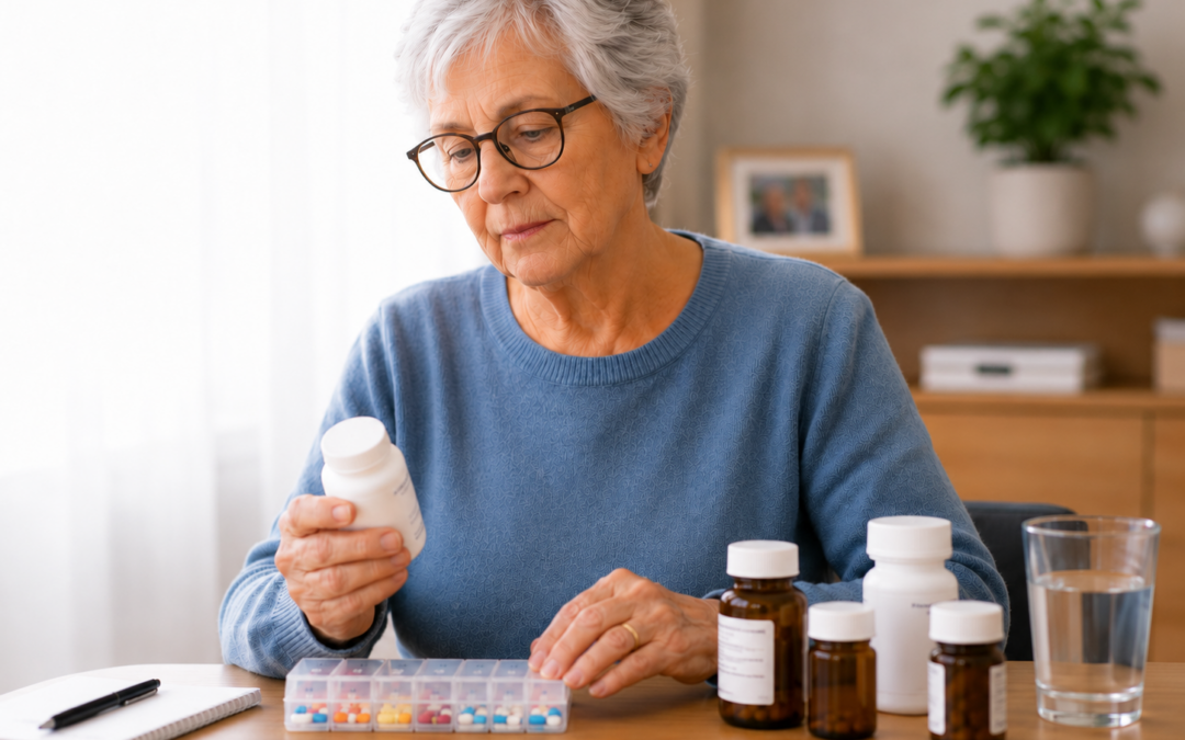 vrouw met verschillende potjes met medicijnen